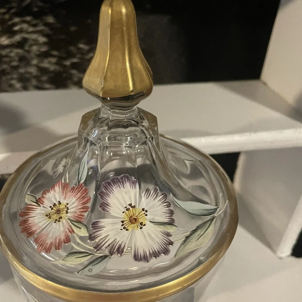 HANDPAINTED CRYSTAL FOOTED LIDDED CANDY JAR JEWELRY APOTHACARY‎ CABINET DISPLAY